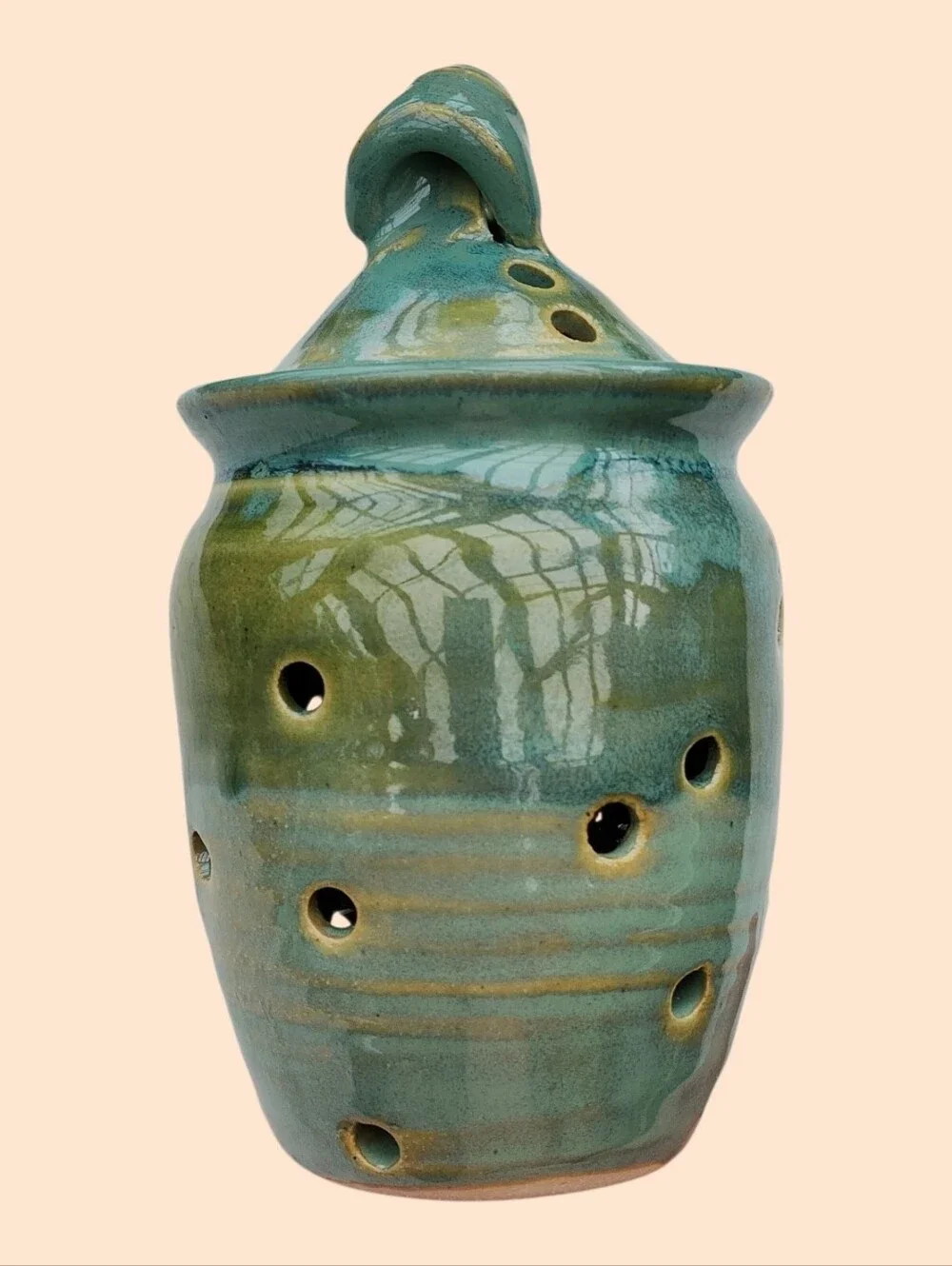 Holman Pottery Garlic Keeper Jar in Sea Pearl Green Ventilation Holes 6
